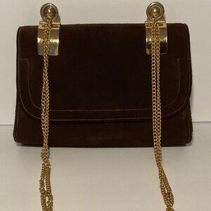 Meyers Vintage Chocolate Suede Handbag, Gold Chain